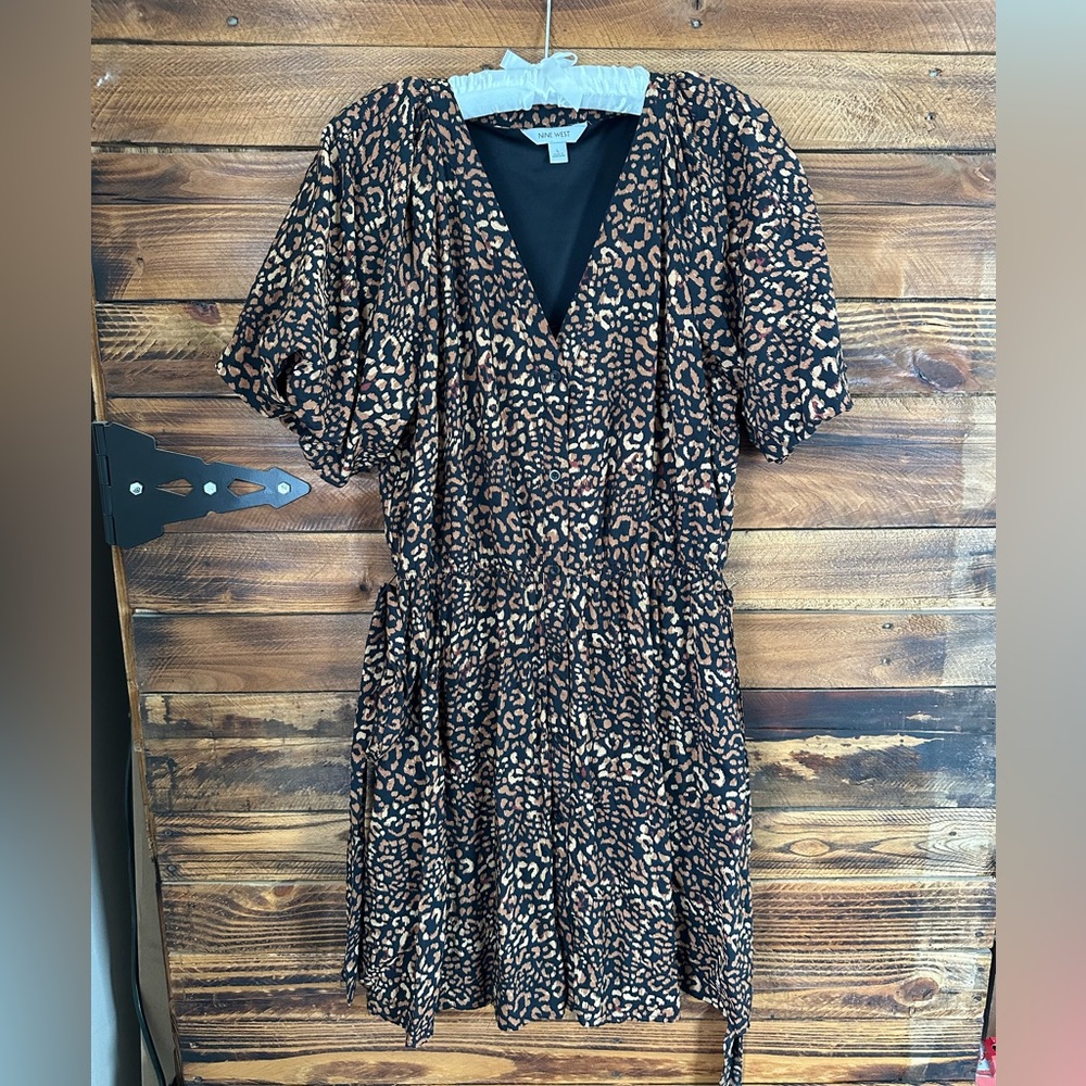Nine West Animal Print V-Neck Mini Dress Short Sleeve Size‎ L